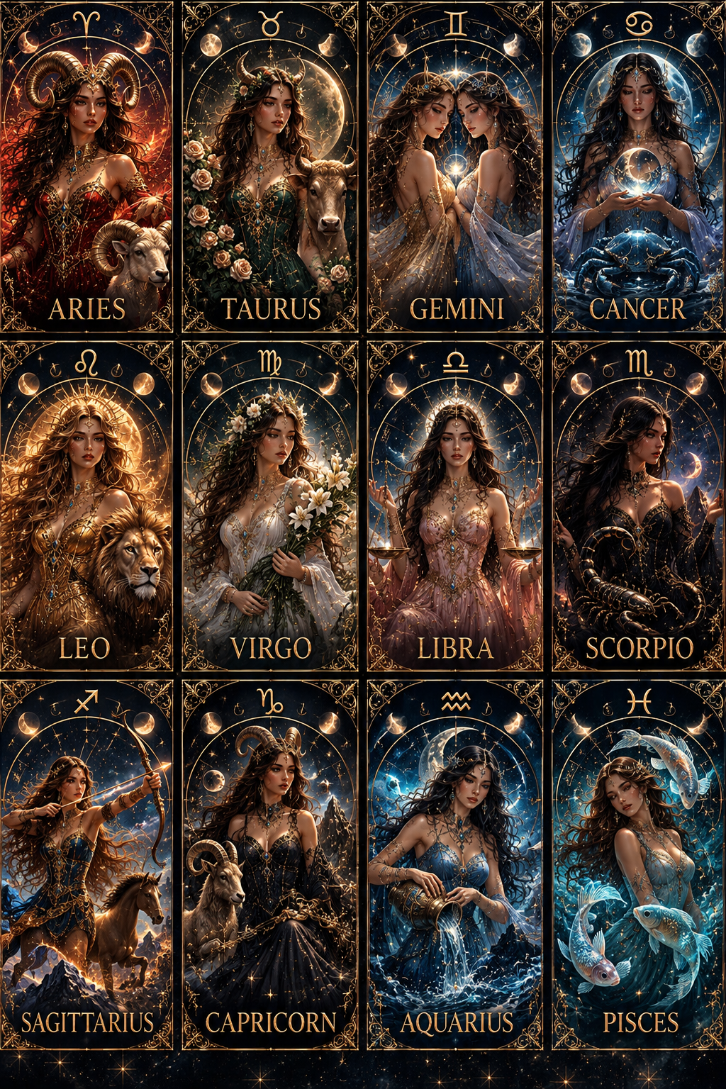 Celestial Zodiac Goddess Wall Art Set
